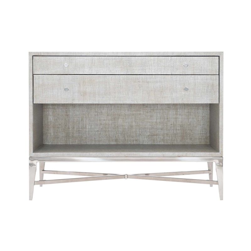 A contemporary bedside table with Raffia upholstery.