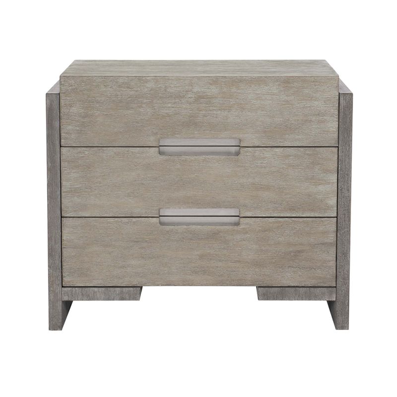 A gorgeous two tone bedside table with three drawers and a dual USB charger from Bernhardt