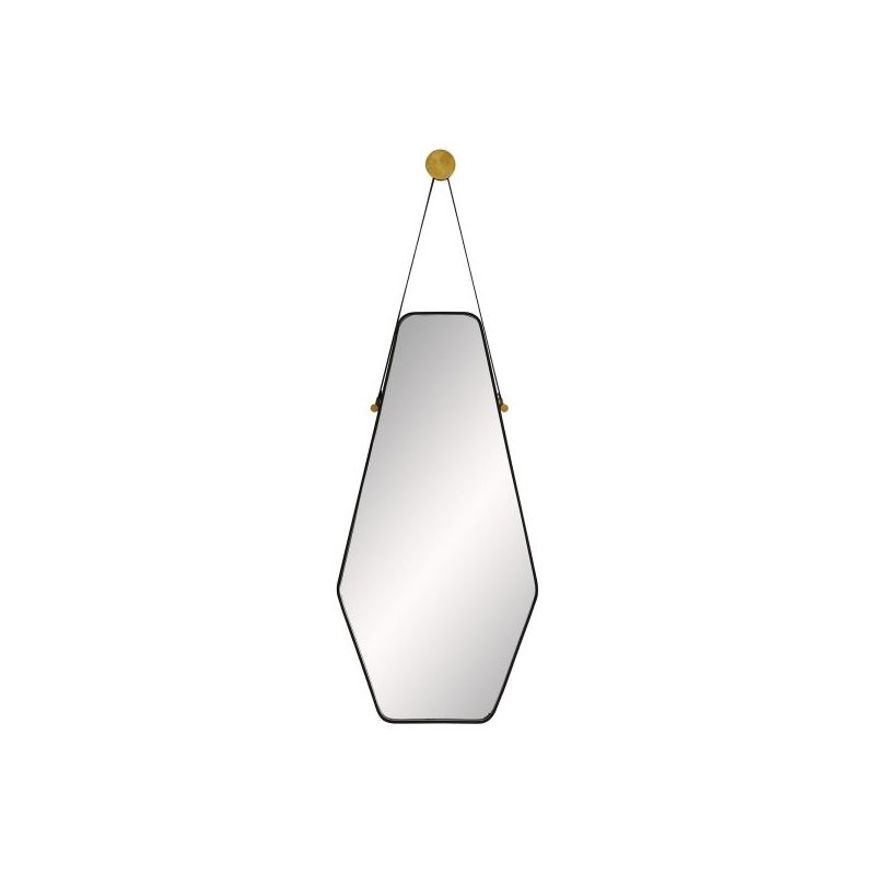 Upside down coffin-shaped wall mirror with leather strap to hang