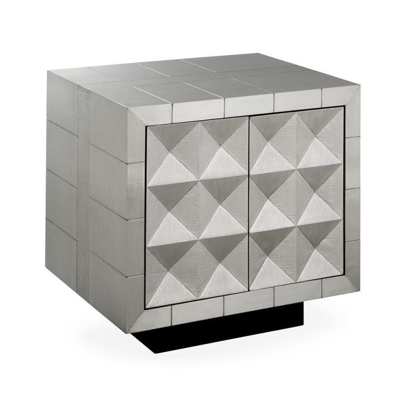 Sleek, geometric style cabinet with two doors in nickel finish