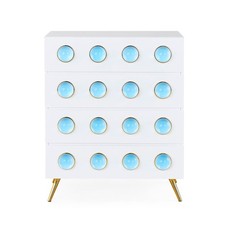 Playful and contemporary 4-drawer chest with blue orbs and brass details