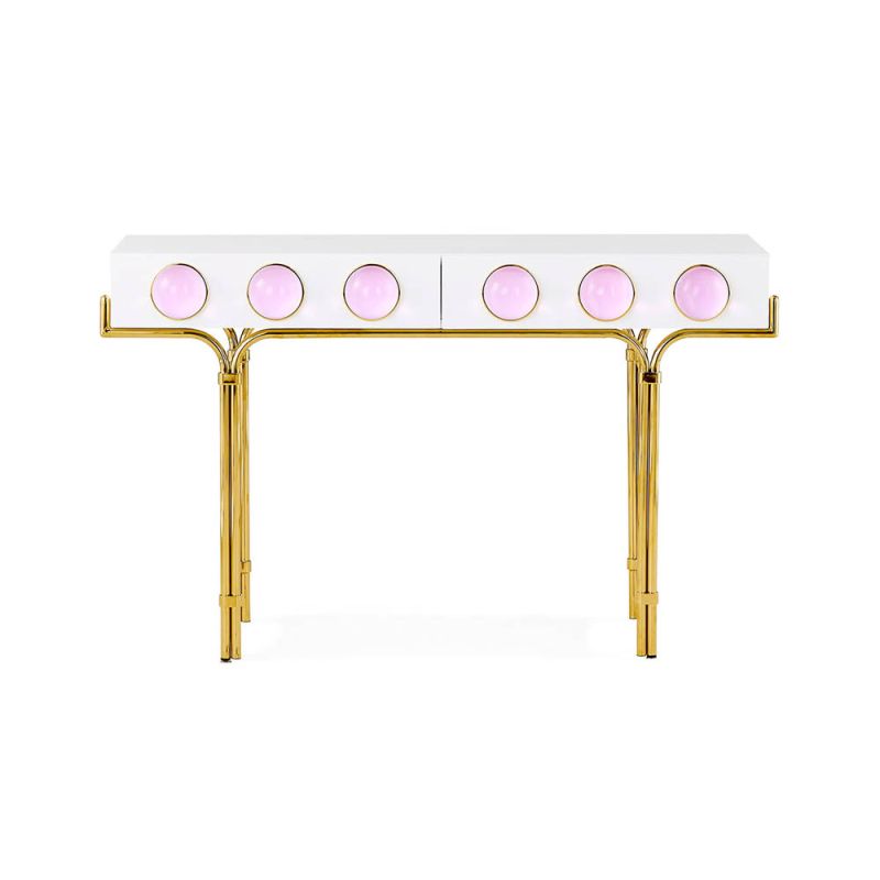 Glamorous console table with two storage drawers, gold legs and pink acrylic orbs