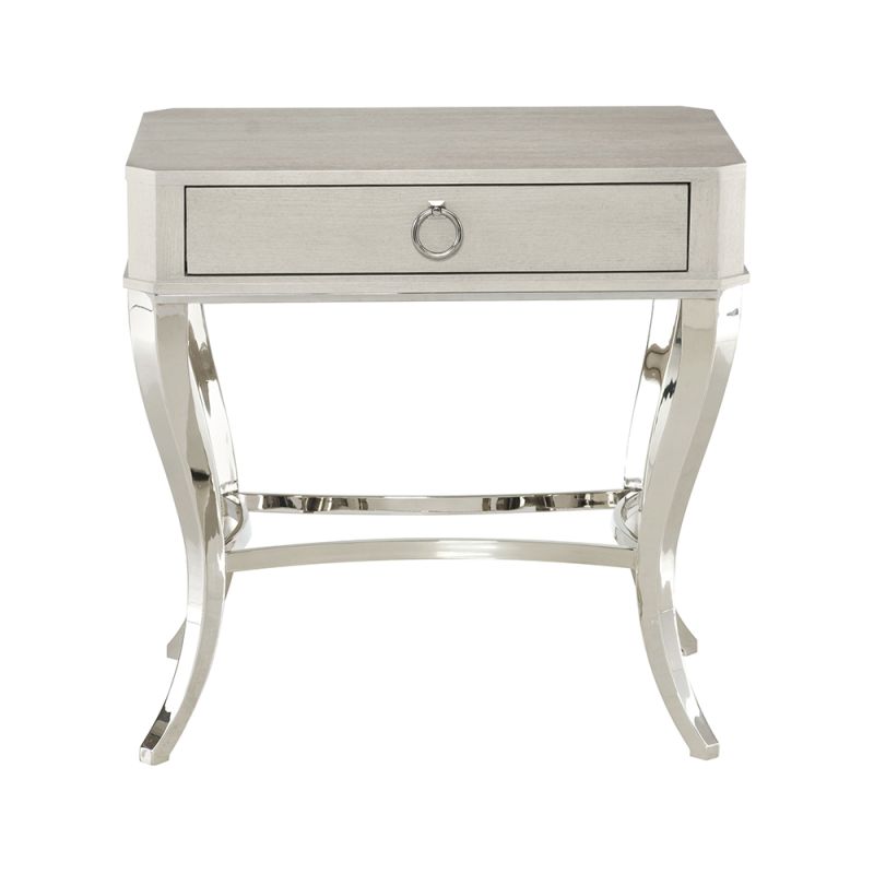 An elegant one drawer bedside table by Bernhardt with a glamorous glimmering base and an ash grey veneer finish