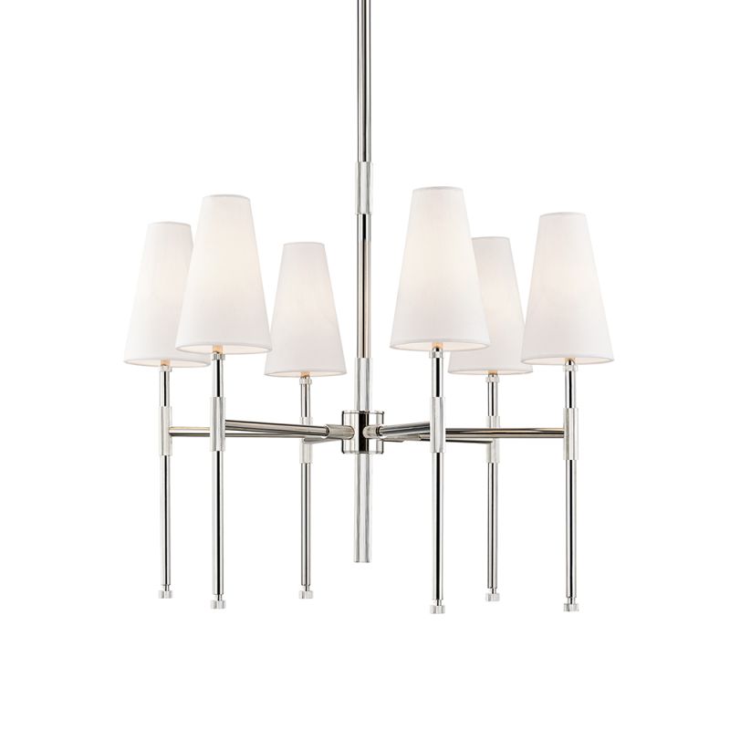 A polished nickel chandelier by Hudson Valley with six off-white linen shades 