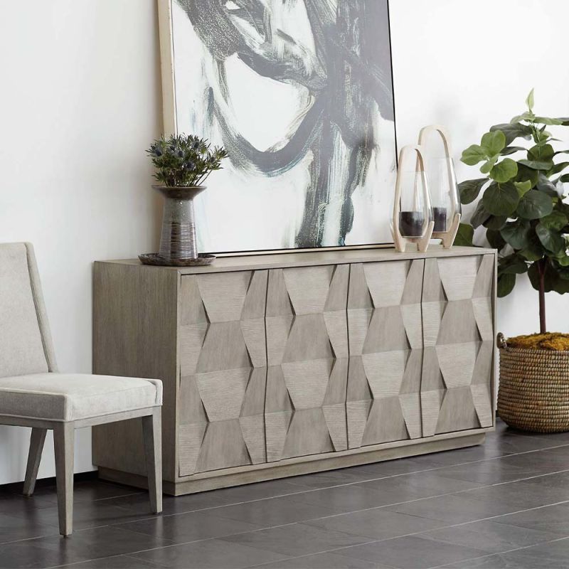 Sideboard in a natural wood finish with varied inlays in hexagonal shape