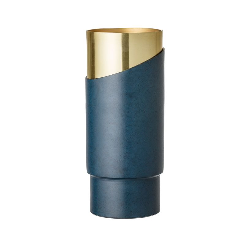 A stylish blue metal and golden aluminium vase