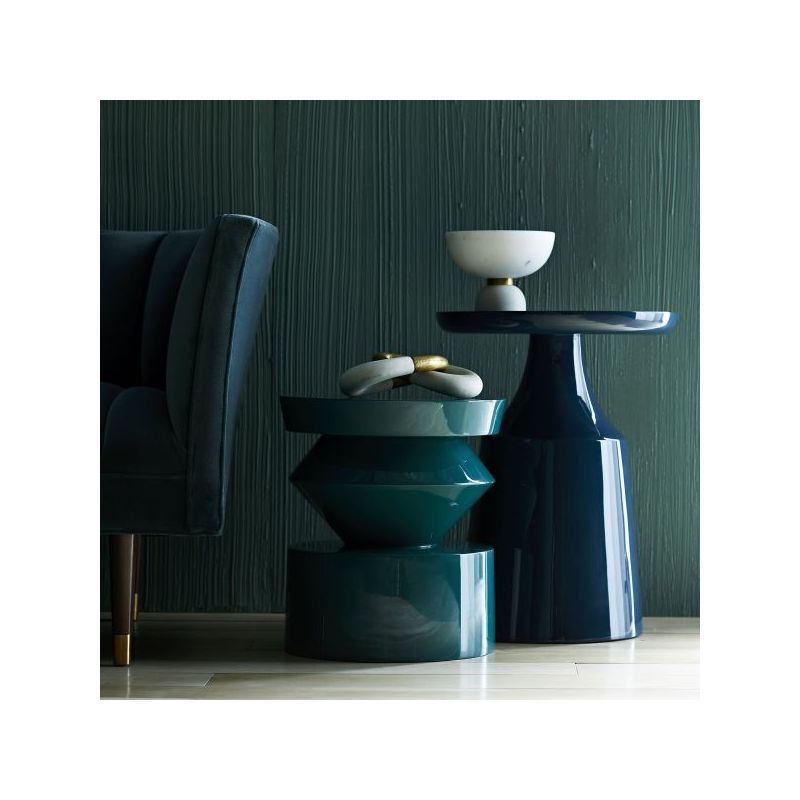 Navy blue fibreglass side table with round tray top