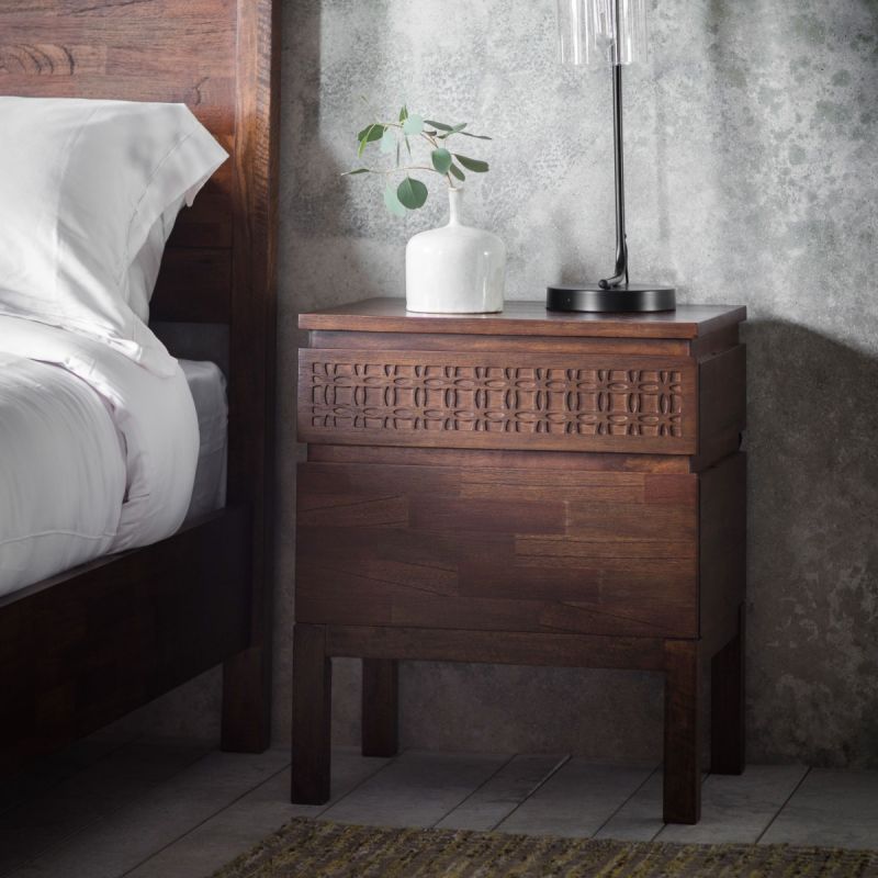 Elegant dark brown bedside table with ethnic-inspired design