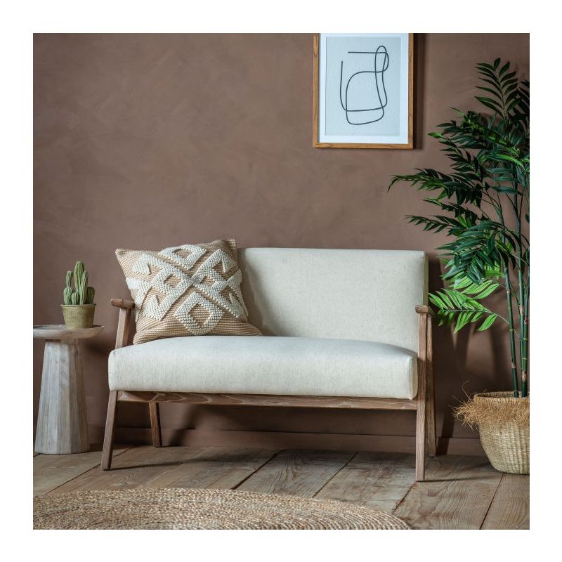 Mid-century style 2 seater sofa with natural linen upholstery