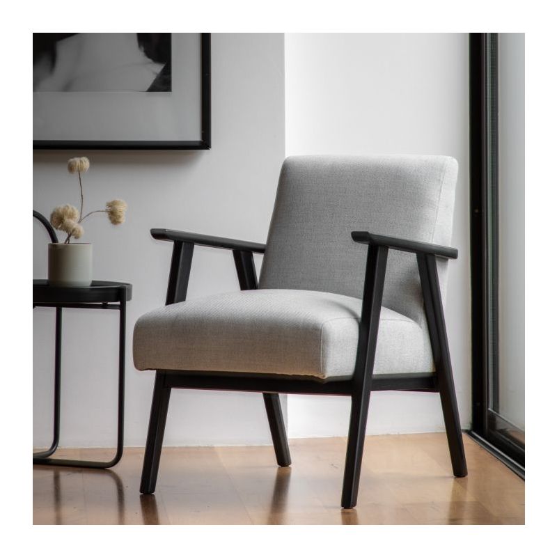 Mid-century style armchair with modern silhouette and Stone coloured upholstery