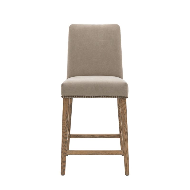 Bar stool with wood frame and upholstered seats finished with luxury brass studs