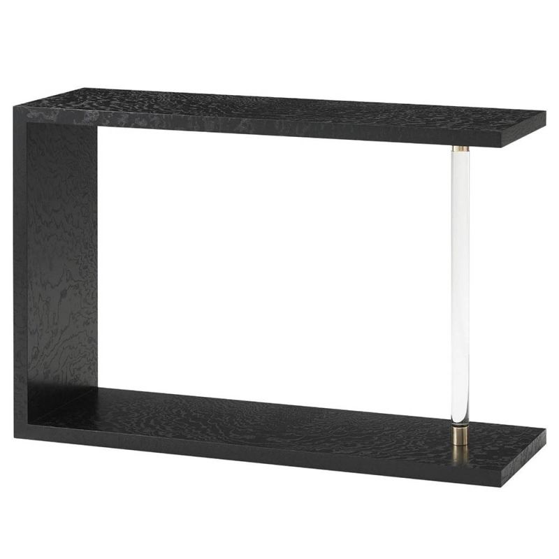 Black wood console table with clear acrylic pole detail