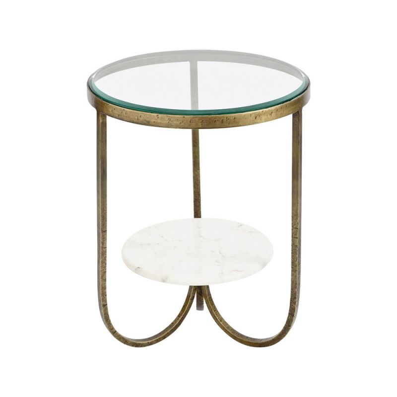 Striking side table with antique brass frame, glass surface and floating marble shelf