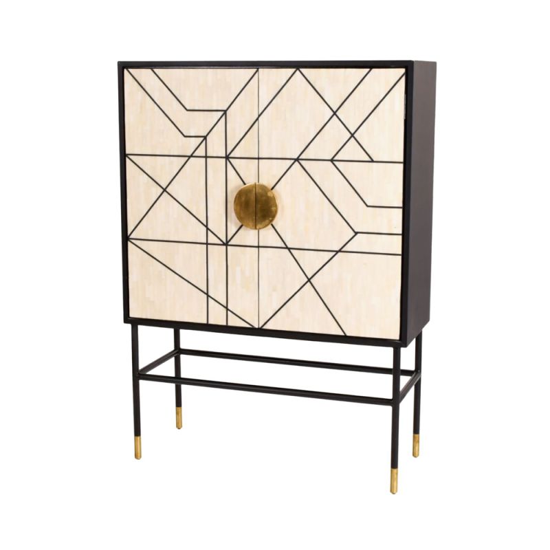 Glamorous cream and black bone inlay bar cabinet with golden accents