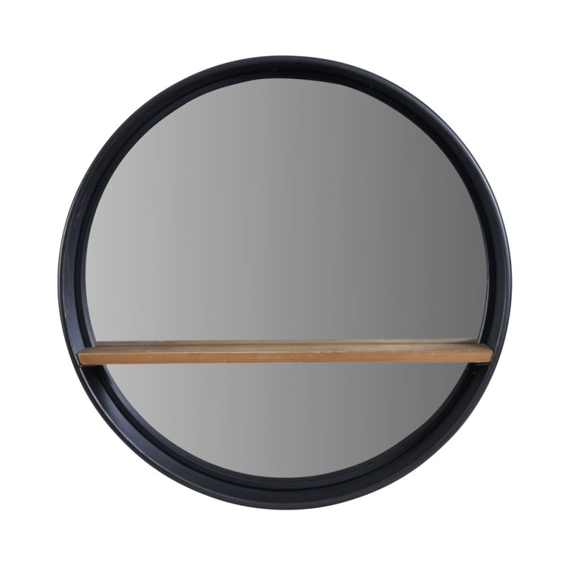 A minimalistic mirror with a black frame and wooden shelf 