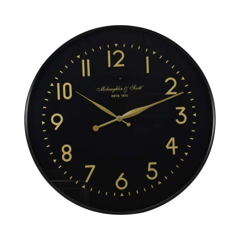 A classic styled, black wall clock with gold details