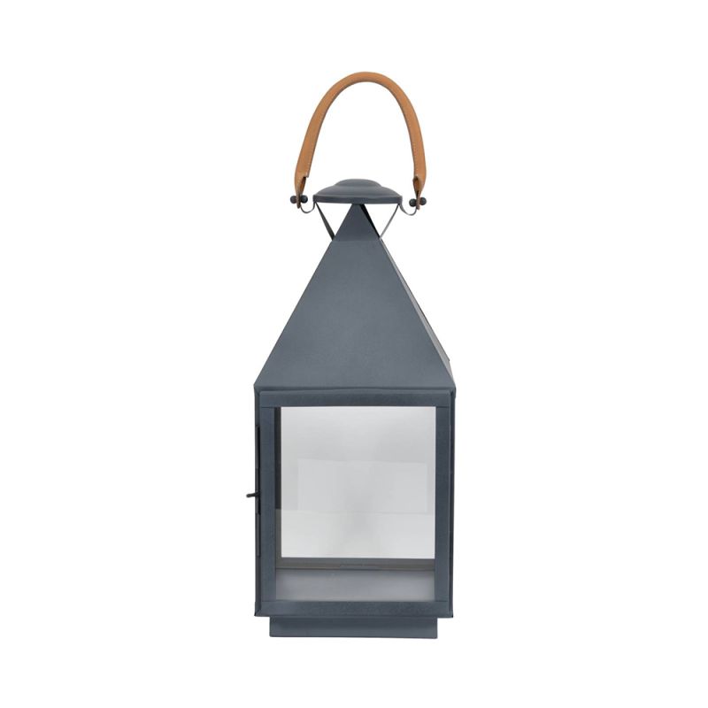 A beautiful, square shaped lantern with a powder-coated grey finish and woven rustic handle