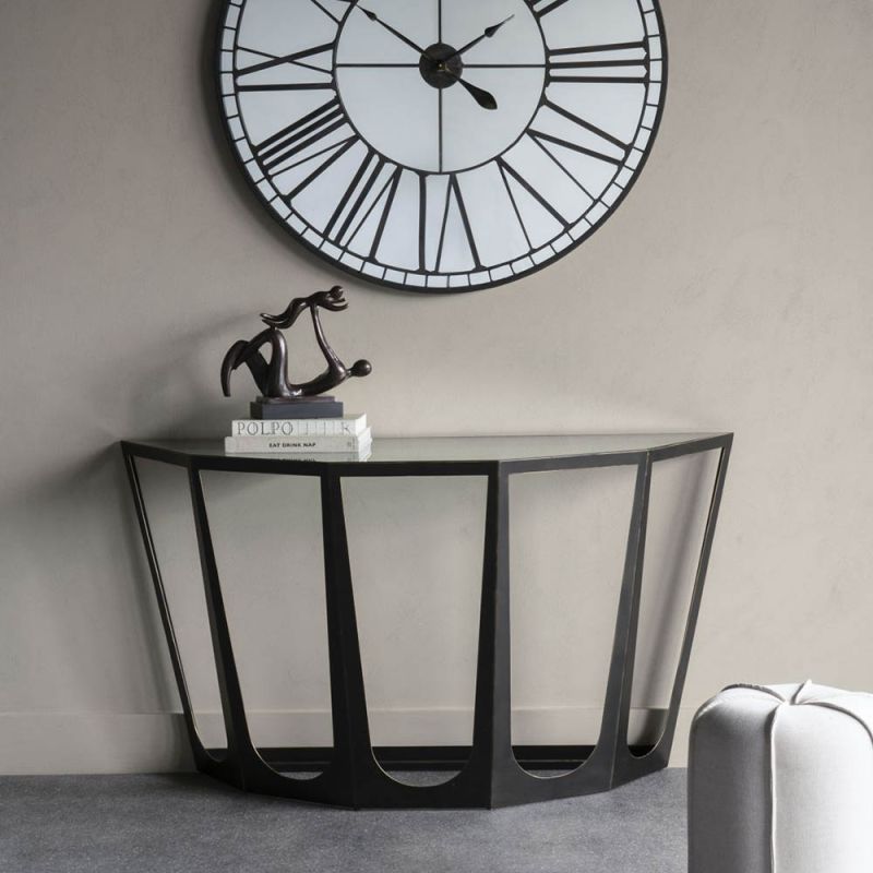 geometric metal console table with glass top