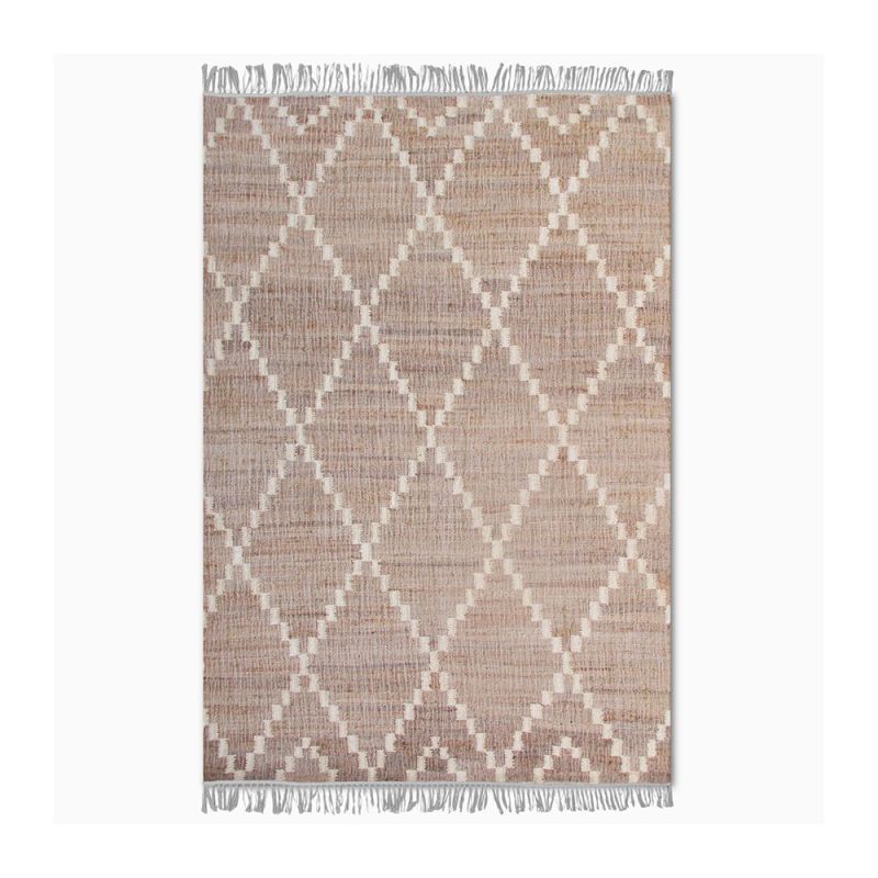 woven rug crafted from recycled bottles and made into lovely geometric design with fringed edges