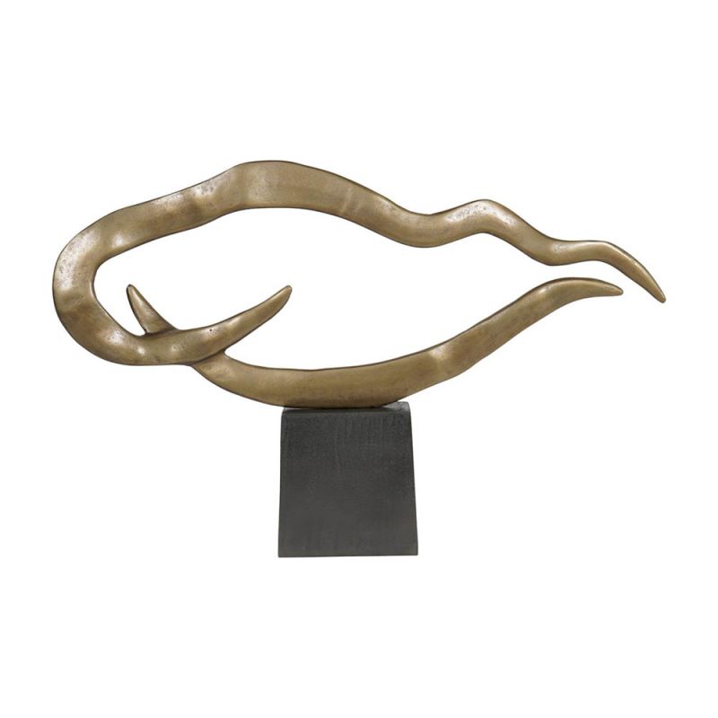 Gold wavy abstract sculpture on black plinth