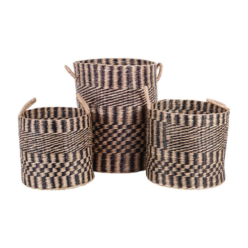 Black and white rattan baskets in a set of three