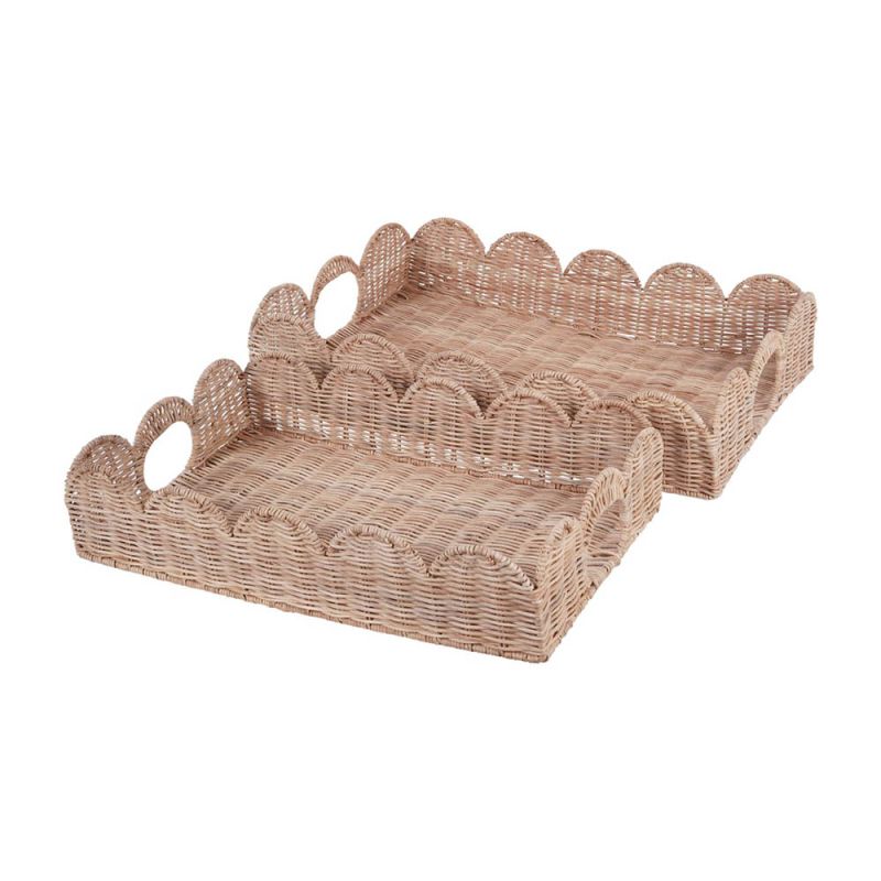 Set of 2 rattan trays with scallop sides