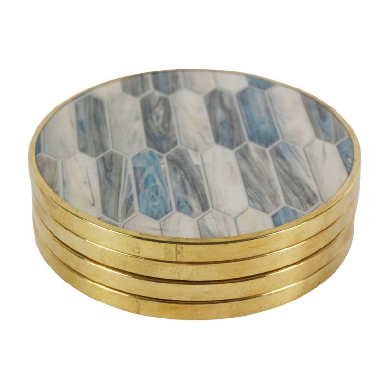 Brass edged coasters with blue mosaic design