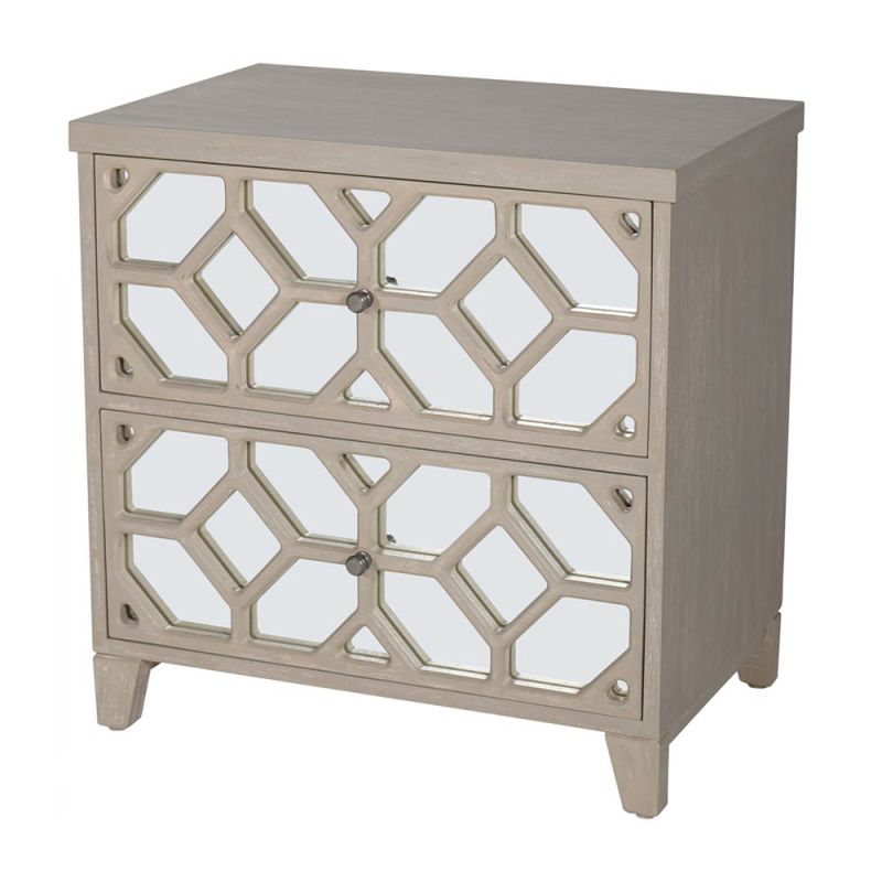 washed wood side table with 2 drawers and mirror glass front with intricate pattern