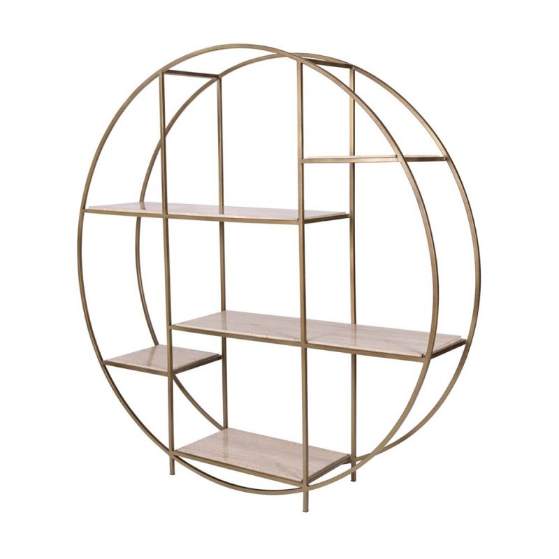 round shelving unit with brass frame and travertine marble shelves