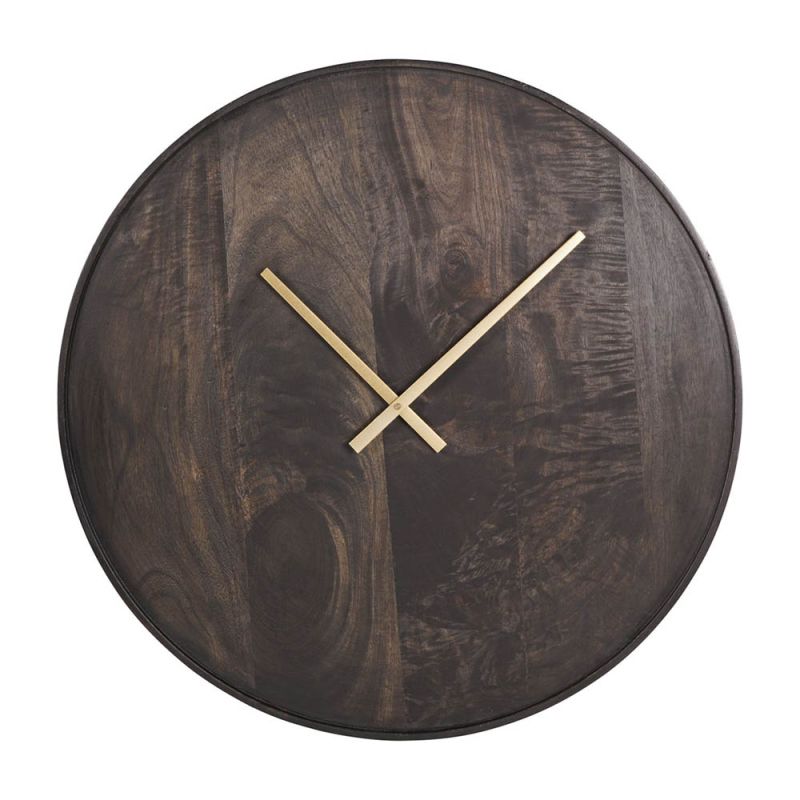 Circular wooden clock in brown smoked finish