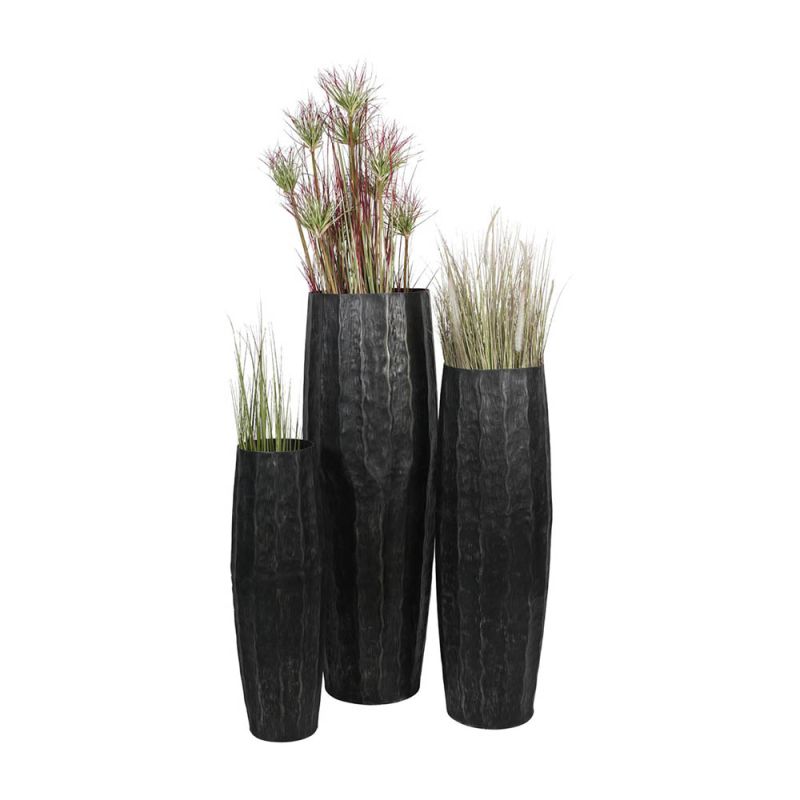 Set of three tall black planters with textured finish