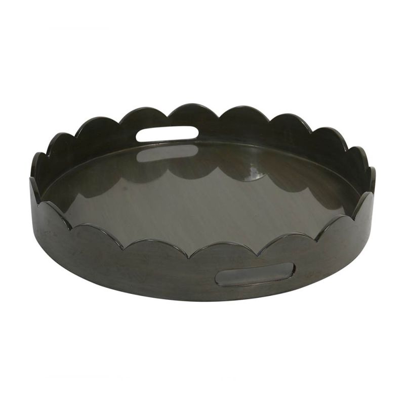 Round tray with scalloped edge in olive finish