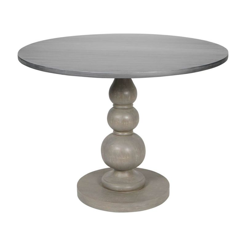 greywash round dining table with bobbin-style plinth base
