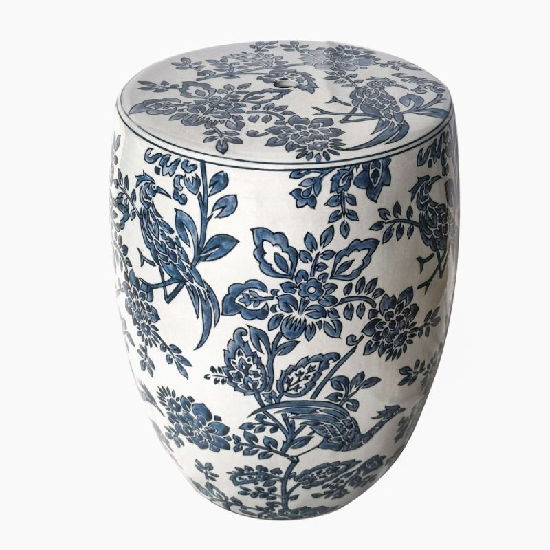﻿Floral blue and white porcelain drum stool