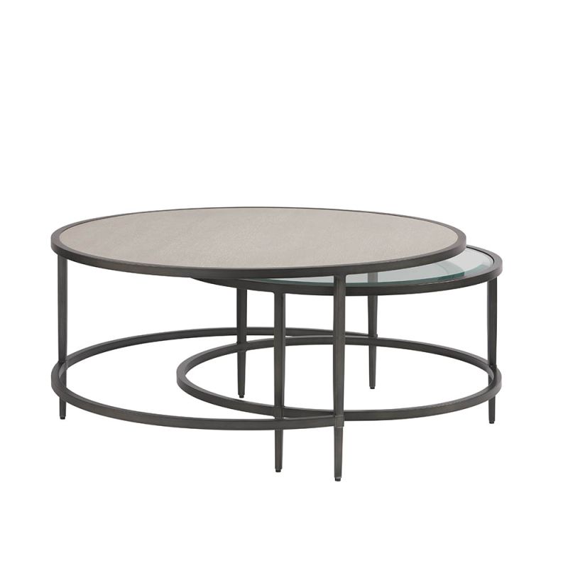 Set of 2 glass and wooden nesting coffee tables with metal legs