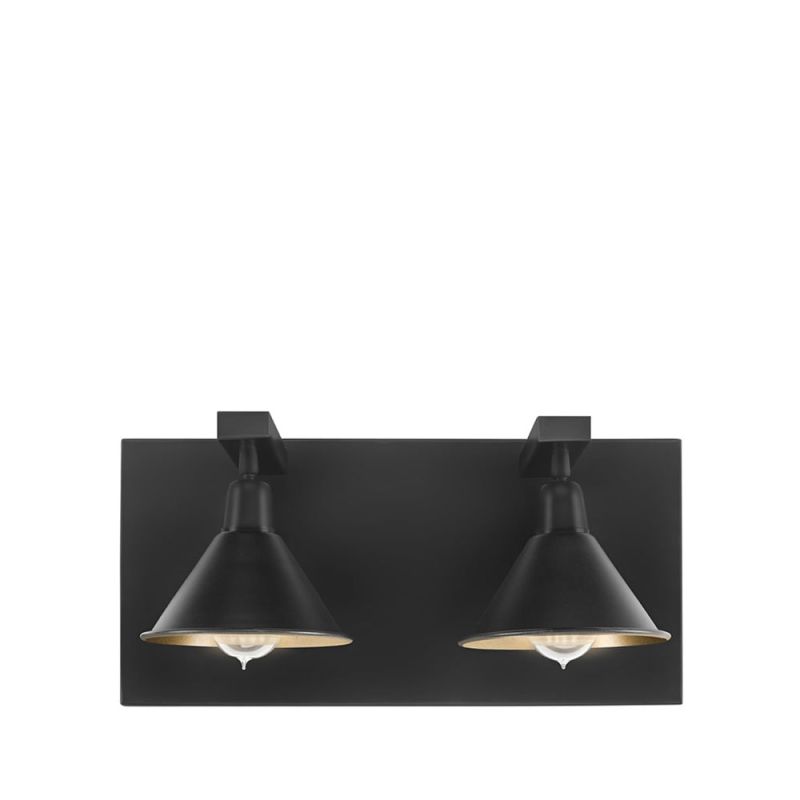 Black wall fixture with two conical wall lights mounted on it