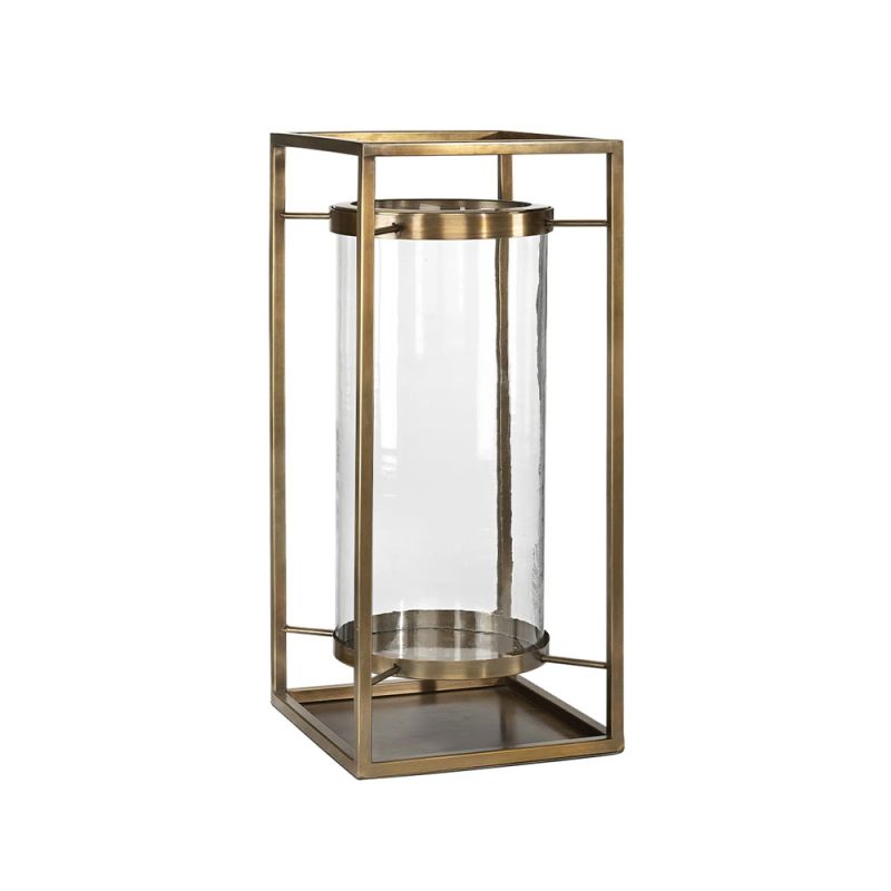 Medium metal framed lantern with floating design candle holder in brass antique finish
