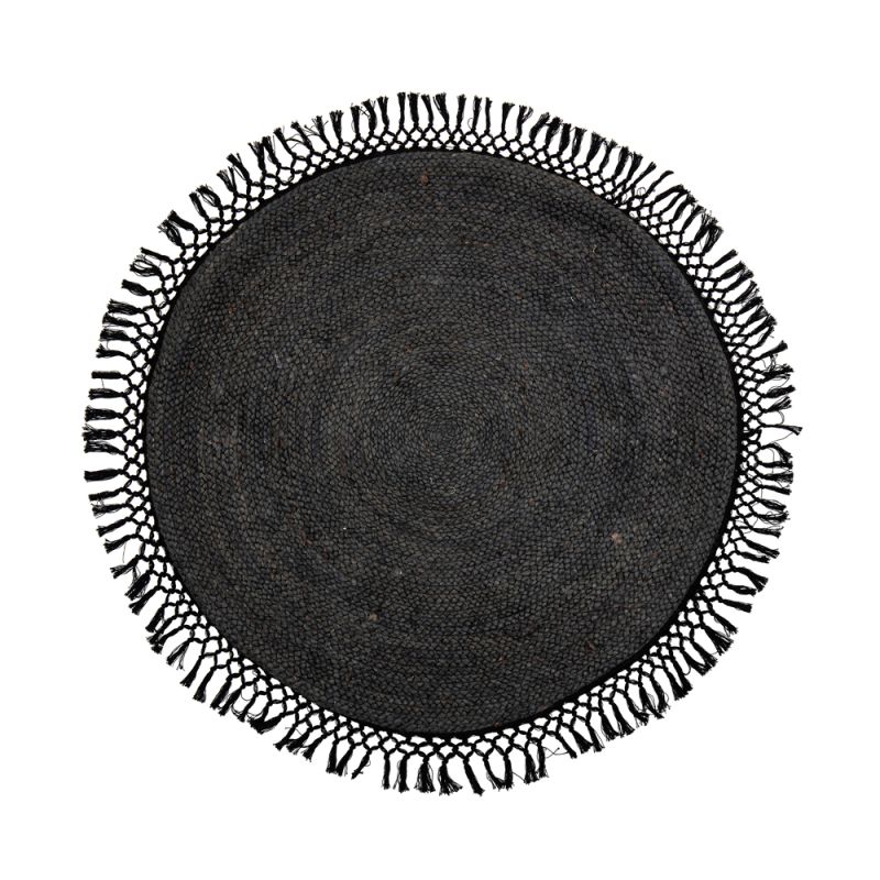 Luxurious circular black rug made from jute with tassels