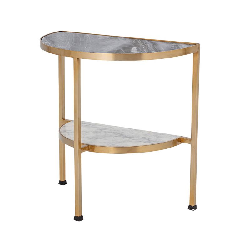 Elegant two-tiered grey and white marble side table with brass frame 