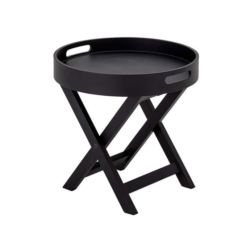 A sleek and simple black side table with removable tray top and criss cross black legs