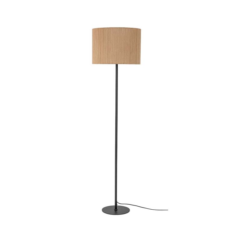 An elegant floor lamp constructed out of blackened iron and a bamboo shade