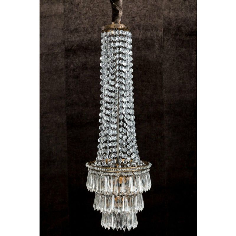 Cascading, hung glass crystals and beading, antique finish chandelier