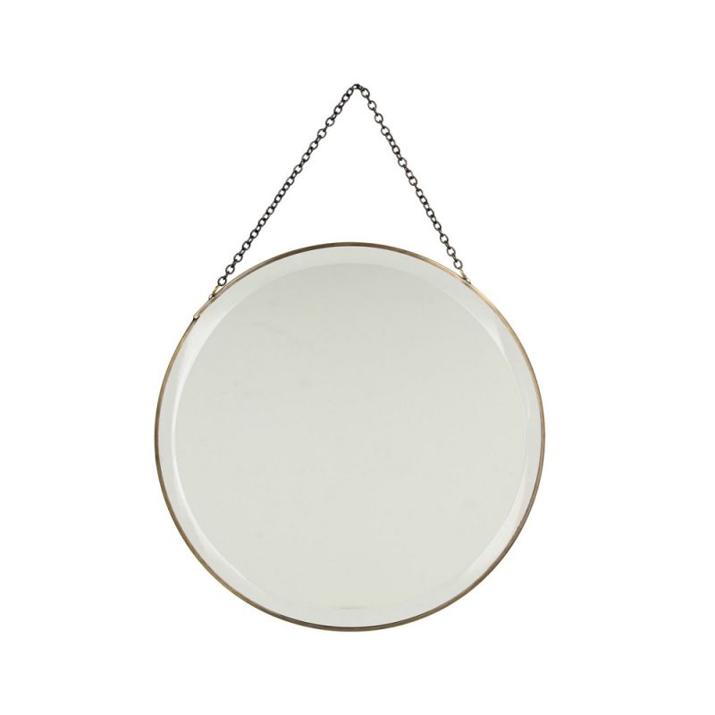 circle mirror with brass rim and chain