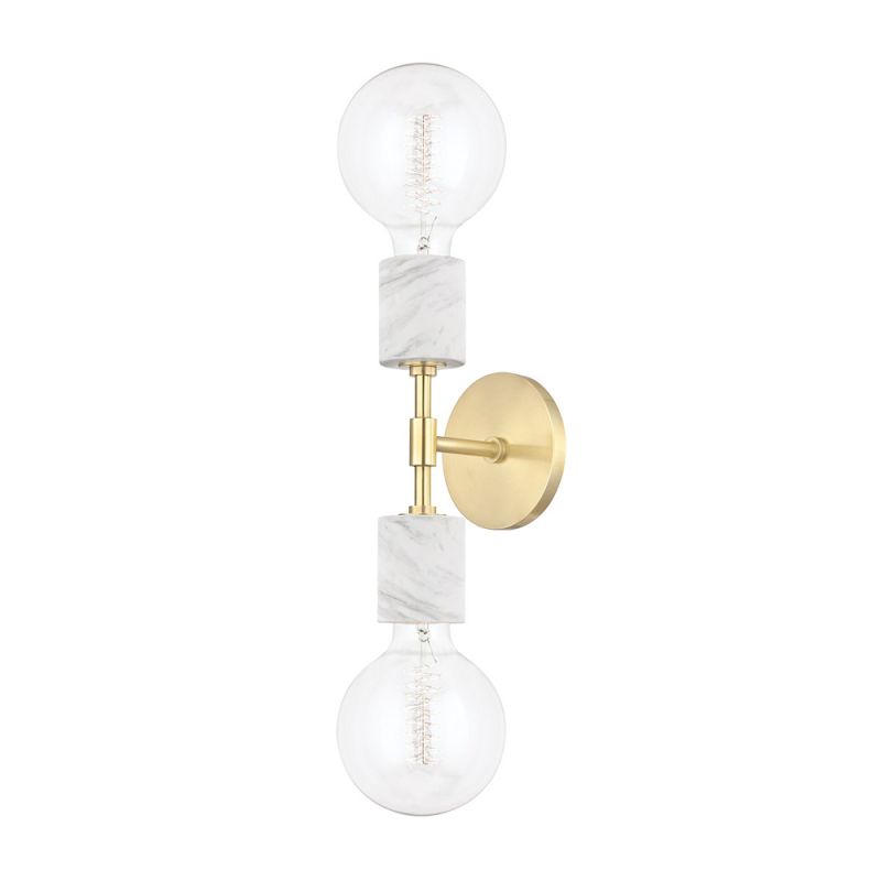 A chic white marble and aged brass dual globe wall lamp