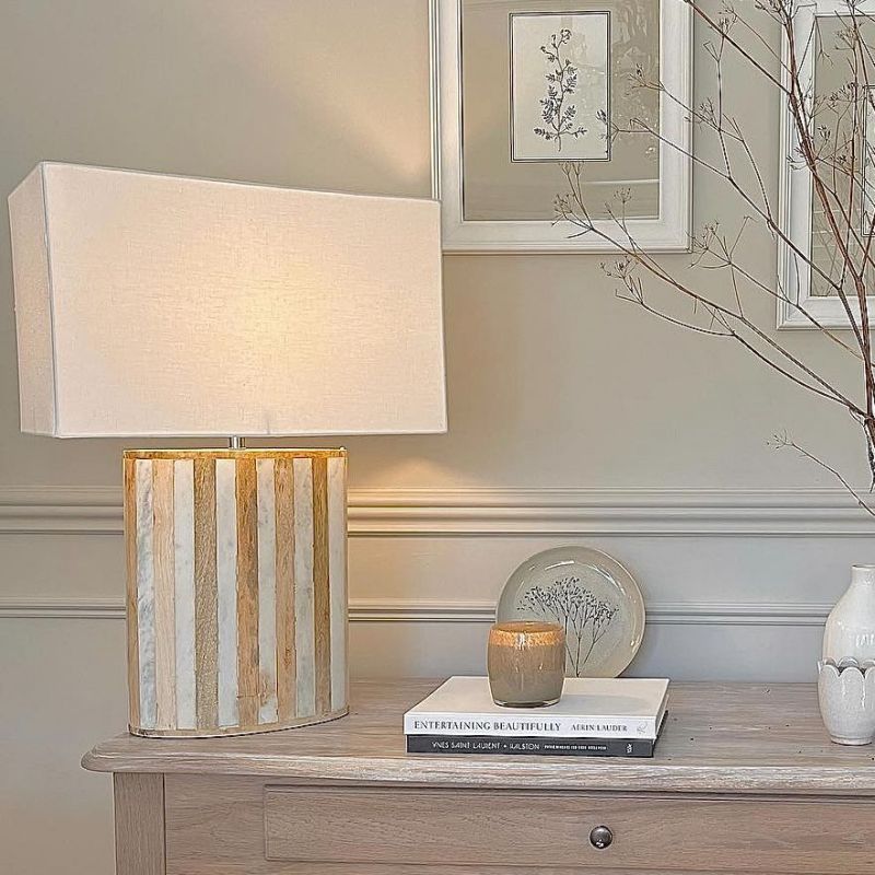 Pale wood and white marble base table lamp with white shade