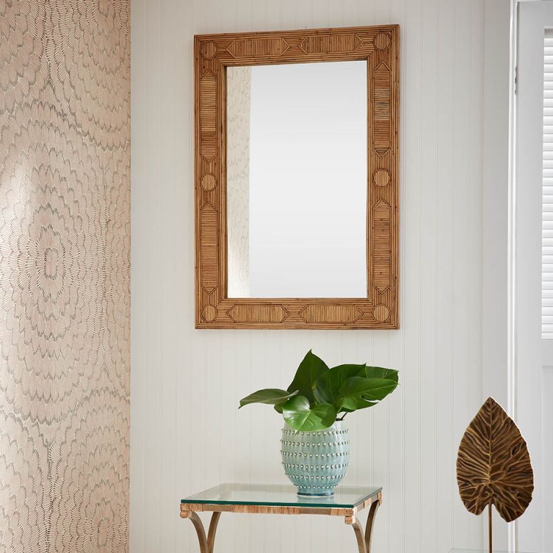 Reed rattan framed wall mirror with inlay pattern