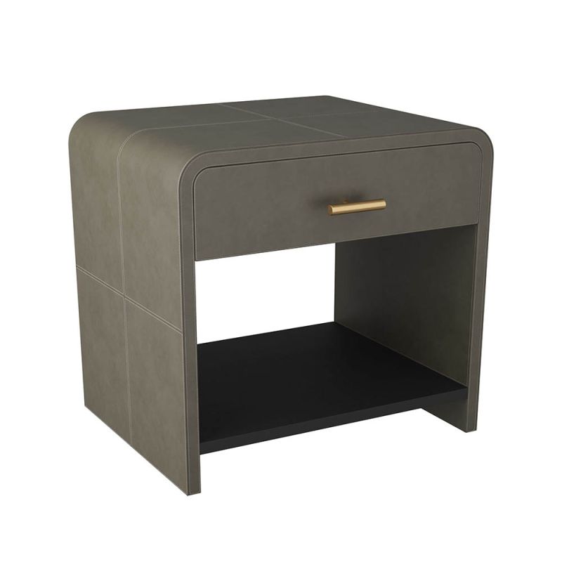 Waterfall-edged side table in sleek topstitched graphite leather and brass handle