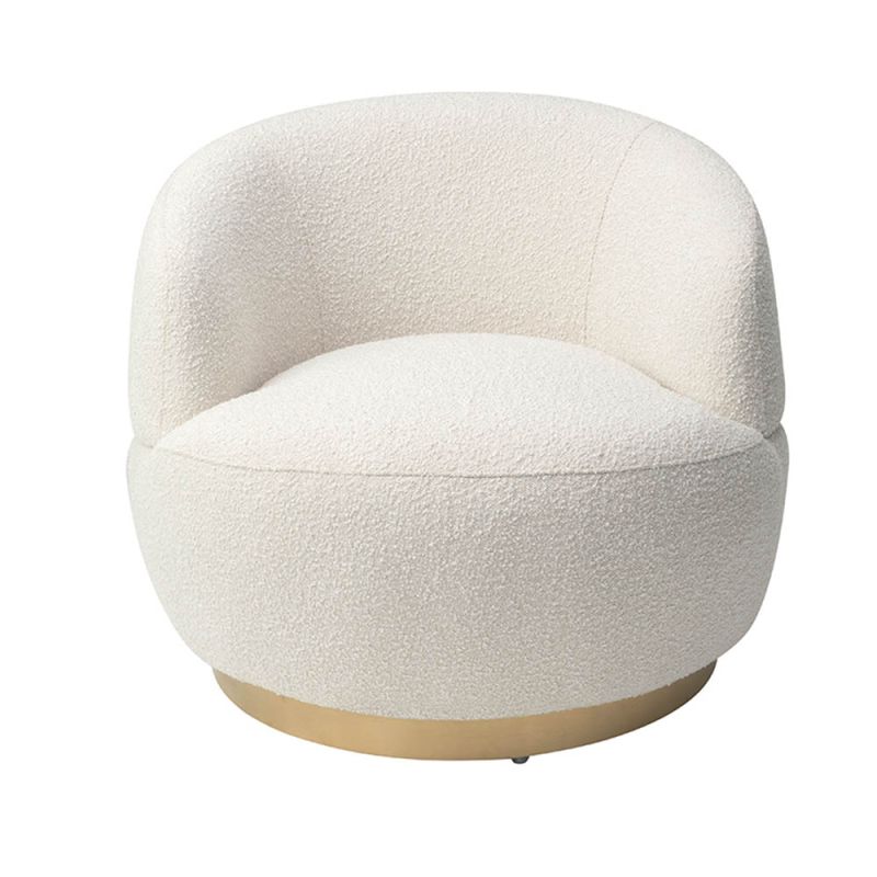 Small and circular boucle sand swivel chair with rounded edges and brass base