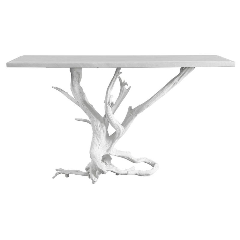 White console table with driftwood base resembling a tree and marble top