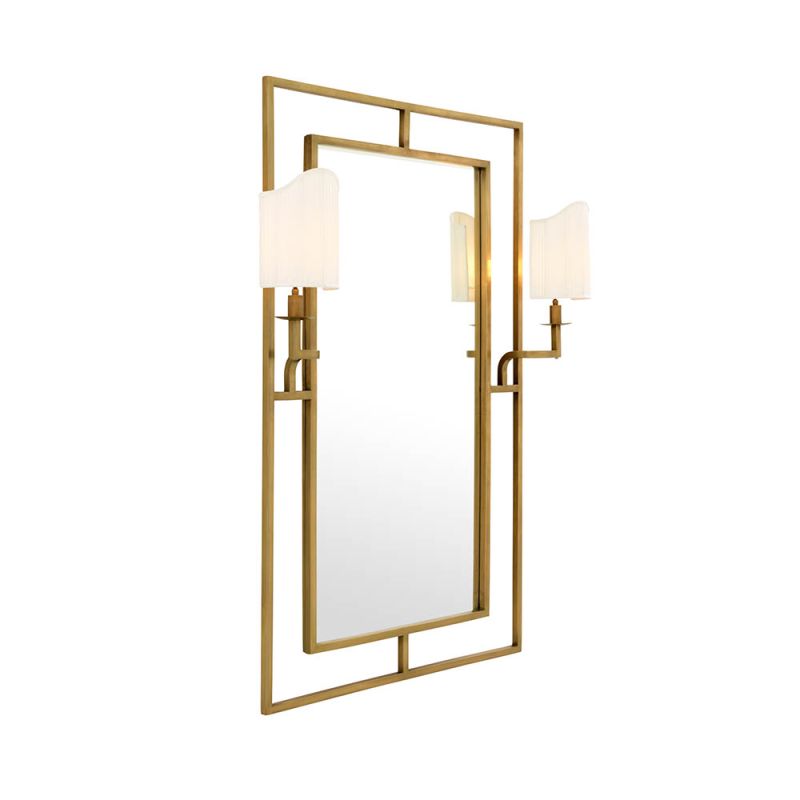 Elegant wall mirror with brass frame and two lampshades